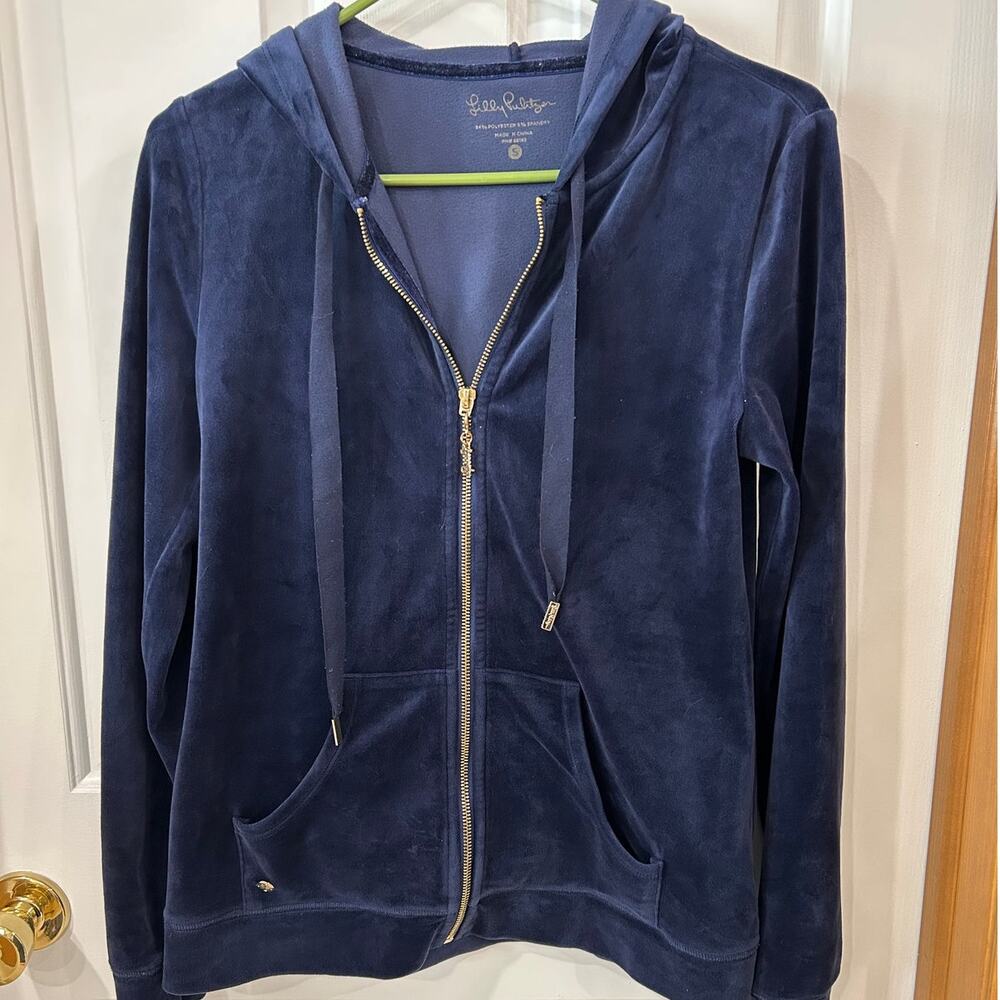 Lilly Pulitzer Larina Velour navy blue full zip up hoody S